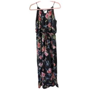 Sweet Storm Black Floral Maxi Dress with Tie Waist Size Medium
